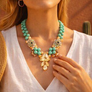 Vintage Retro Turquoise Beaded Gold Crystal Floral Statement Necklace